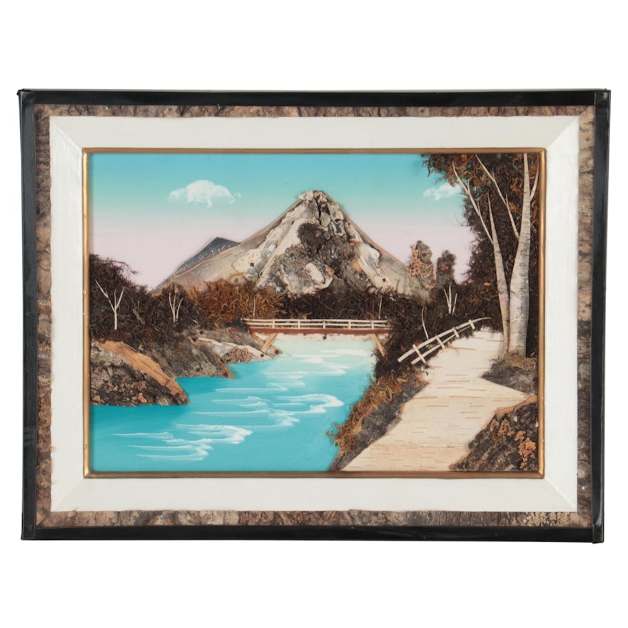 Bridge Over Mountain River Landscape Mixed Media Painting, circa 1956