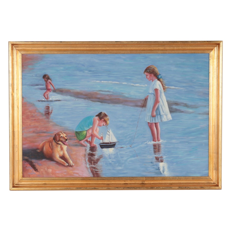 Oil Painting of Children Playing at the Seaside