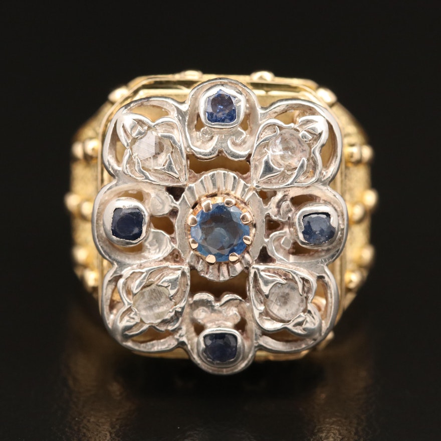 18K, 14K and Sterling Sapphire and Diamond Ring with Textured Shoulders