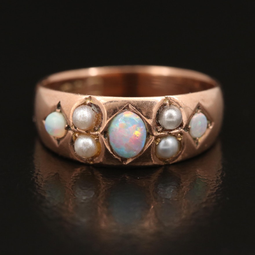 Antique English 9K Opal and Pearl Ring