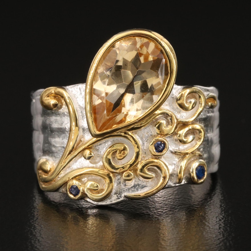 Sterling Citrine, Cubic Zirconia and Spinel Scrollwork Ring