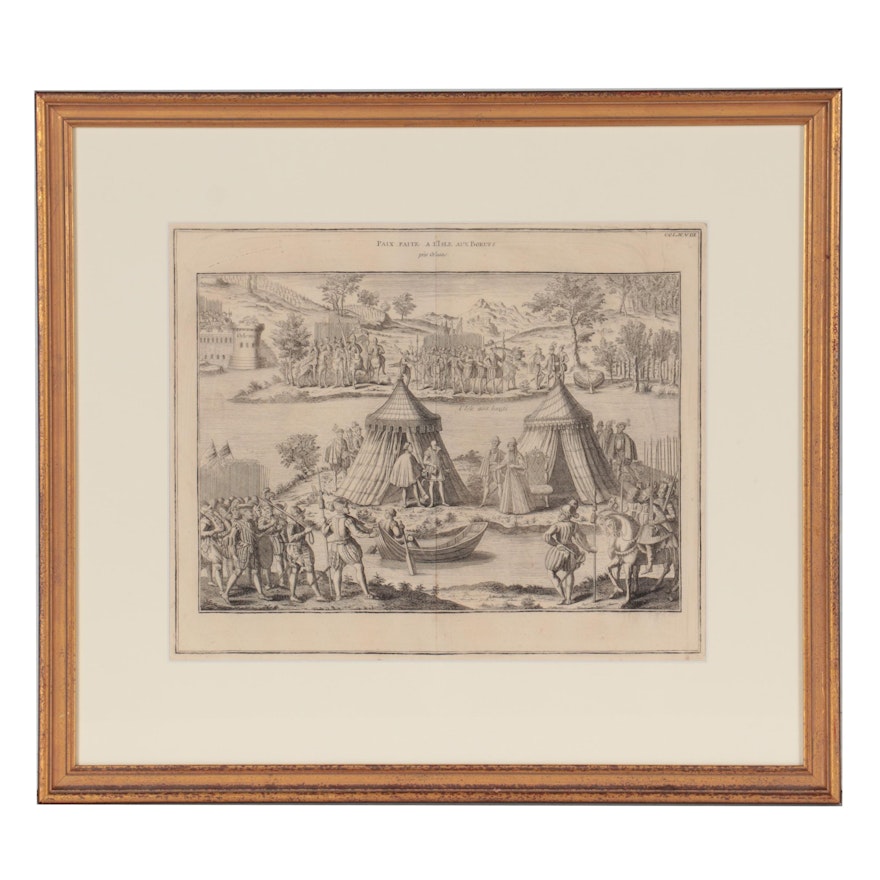 Etching after J. Perrissin "Paix fait a l'Isle aux Boeufs" Late 19th Century