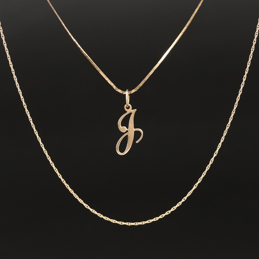 14K "J" Pendant and 10K Chain Necklaces