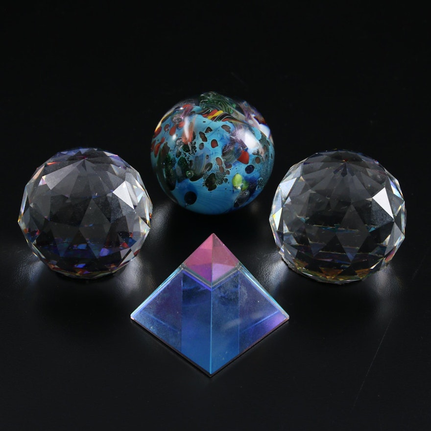 Josh Simpson "Planet" Marble with Other Crystal Paperweights