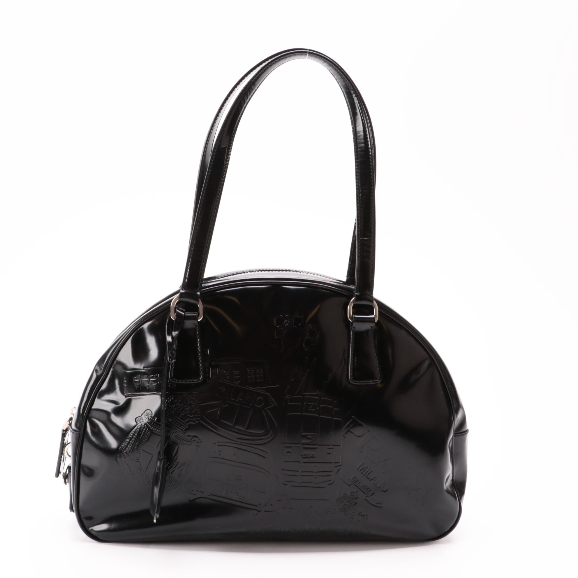 Prada Embossed Black Glazed Leather Bowler Bag