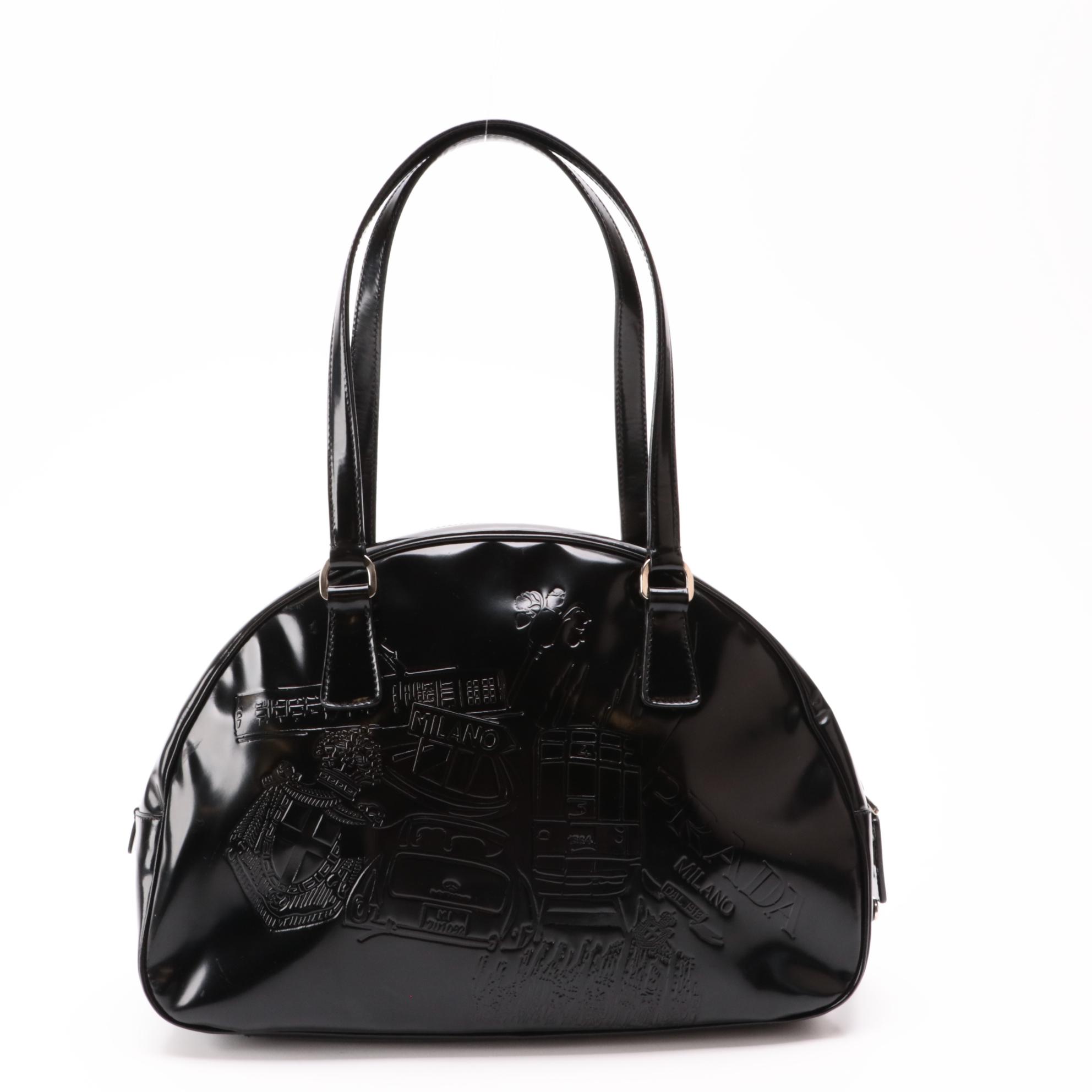 Prada Embossed Black Glazed Leather Bowler Bag