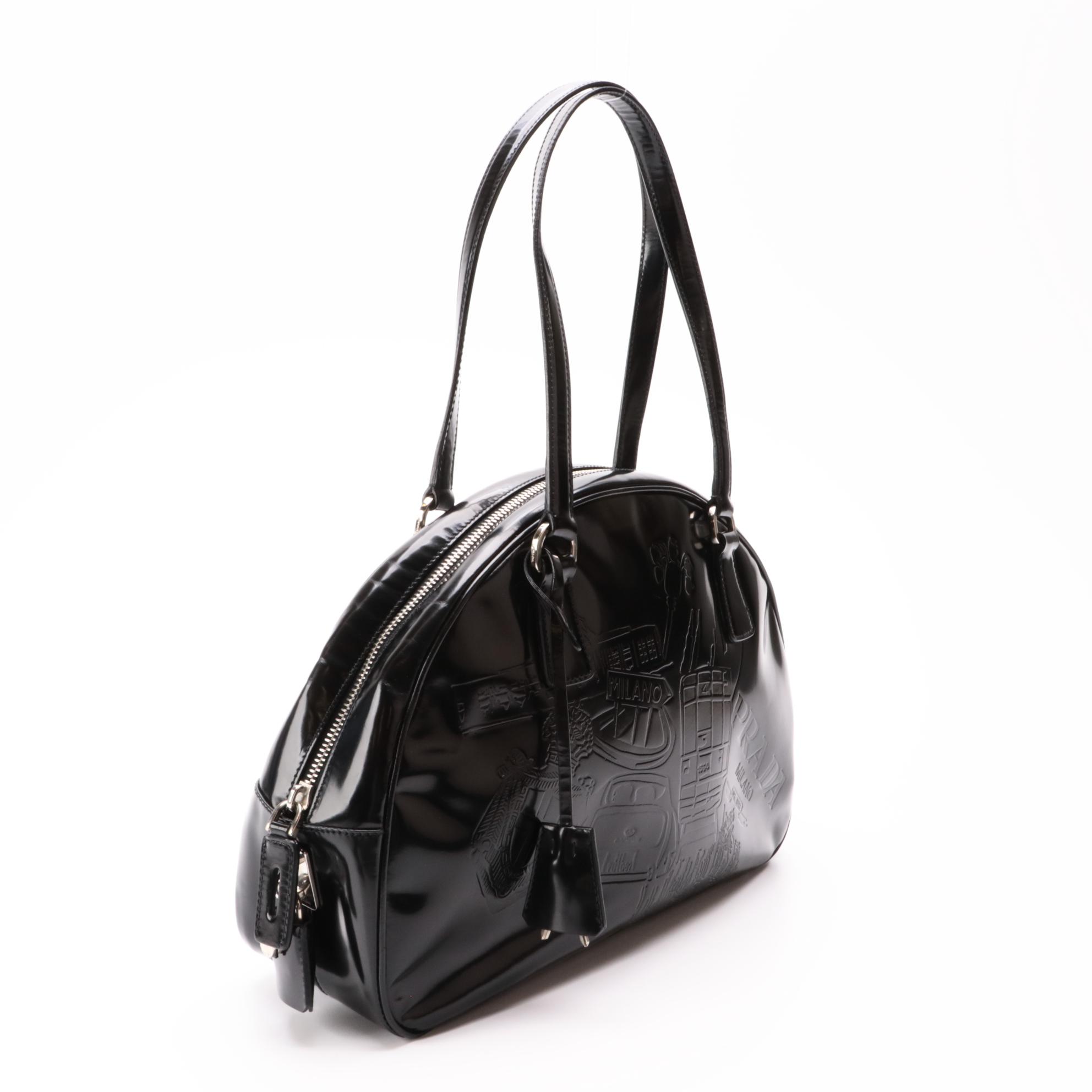 Prada Embossed Black Glazed Leather Bowler Bag