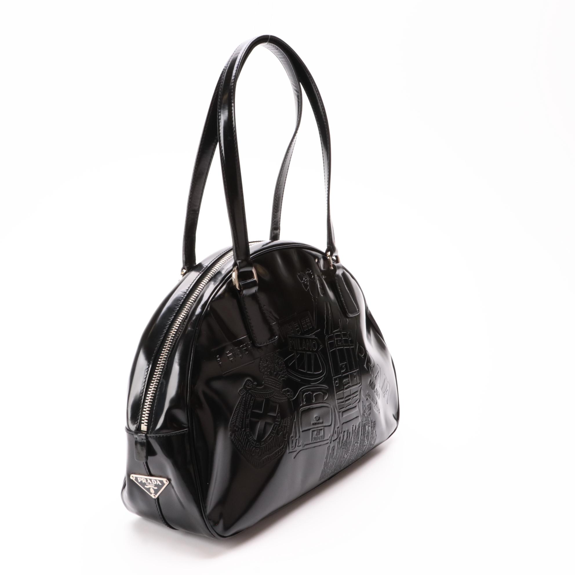 Prada Embossed Black Glazed Leather Bowler Bag
