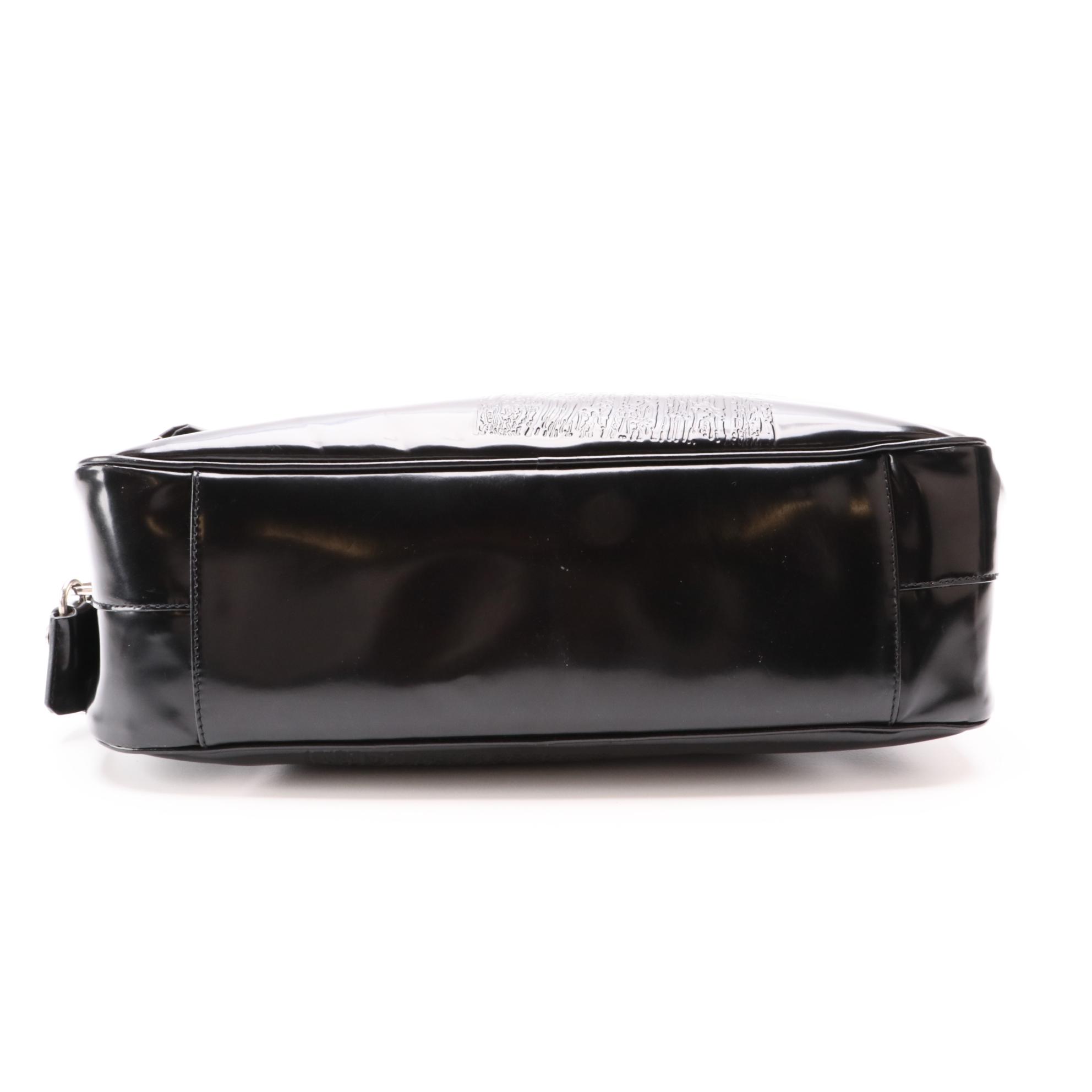 Prada Embossed Black Glazed Leather Bowler Bag