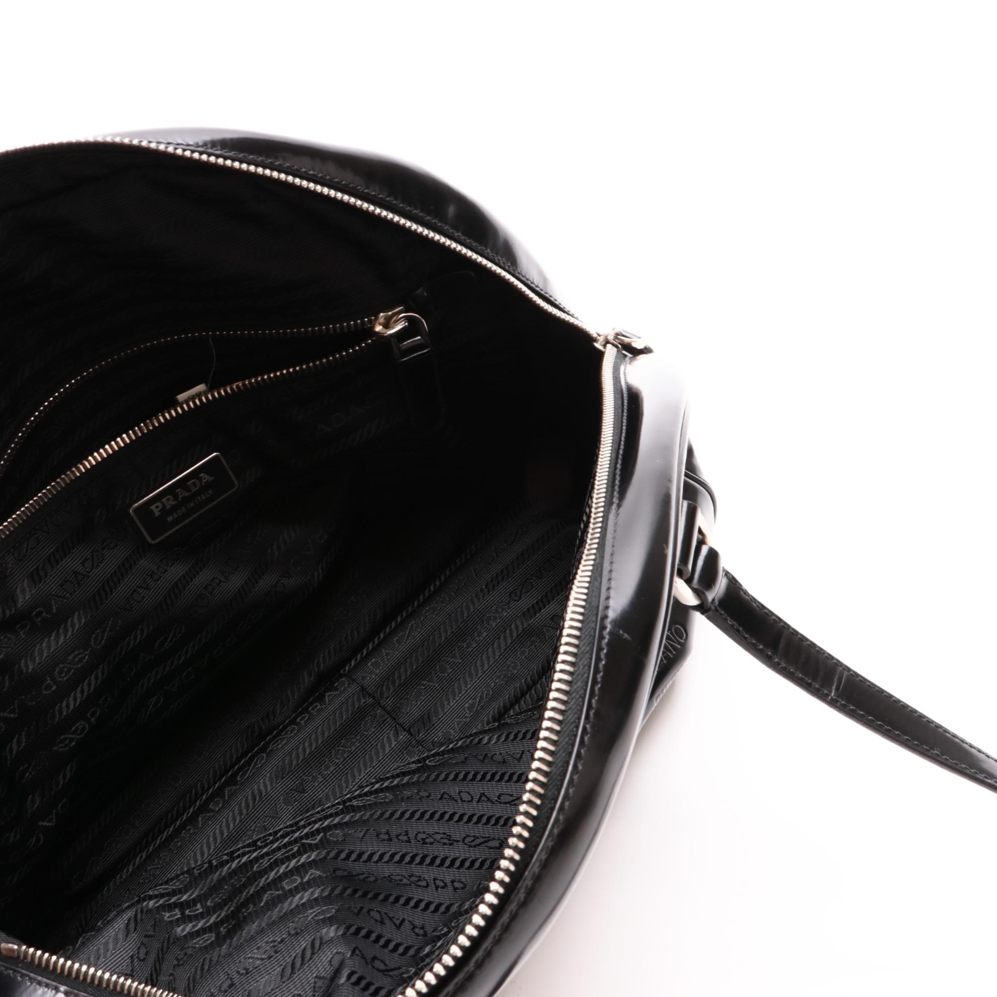 Prada Embossed Black Glazed Leather Bowler Bag