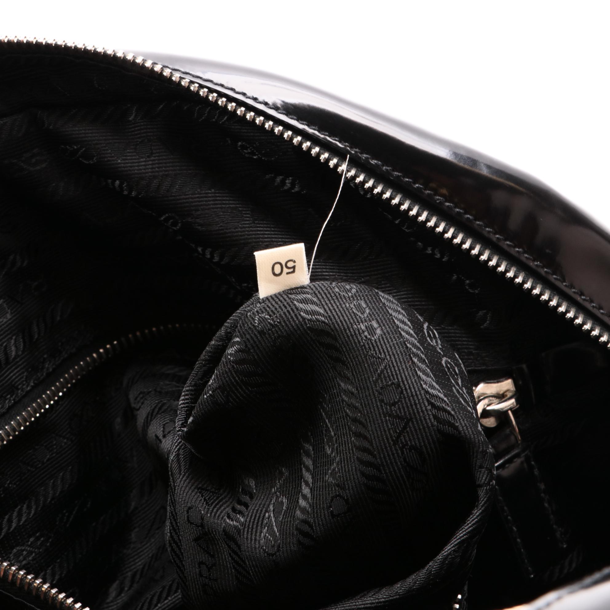 Prada Embossed Black Glazed Leather Bowler Bag