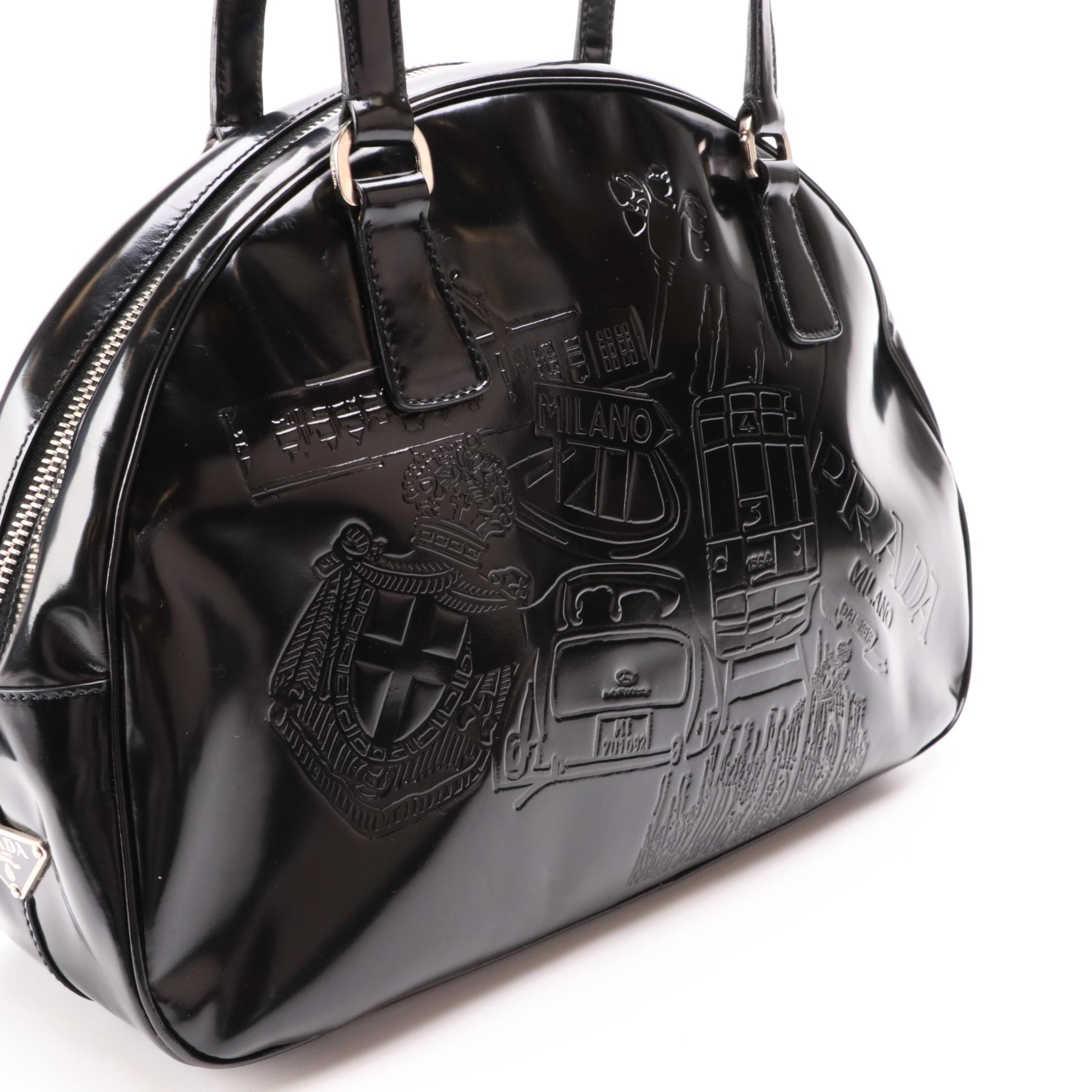 Prada Embossed Black Glazed Leather Bowler Bag