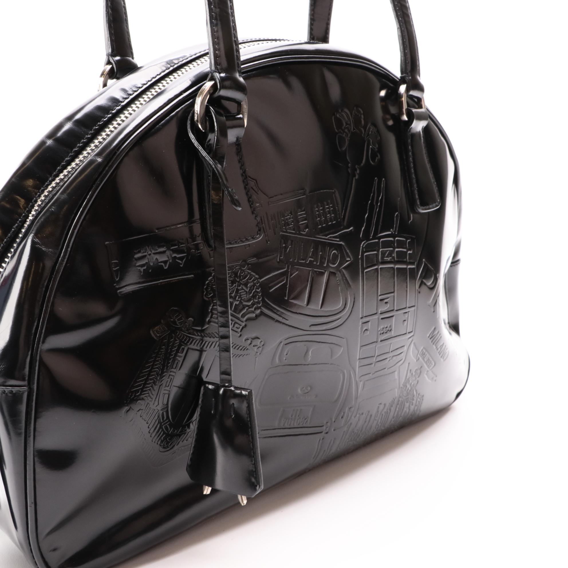 Prada Embossed Black Glazed Leather Bowler Bag