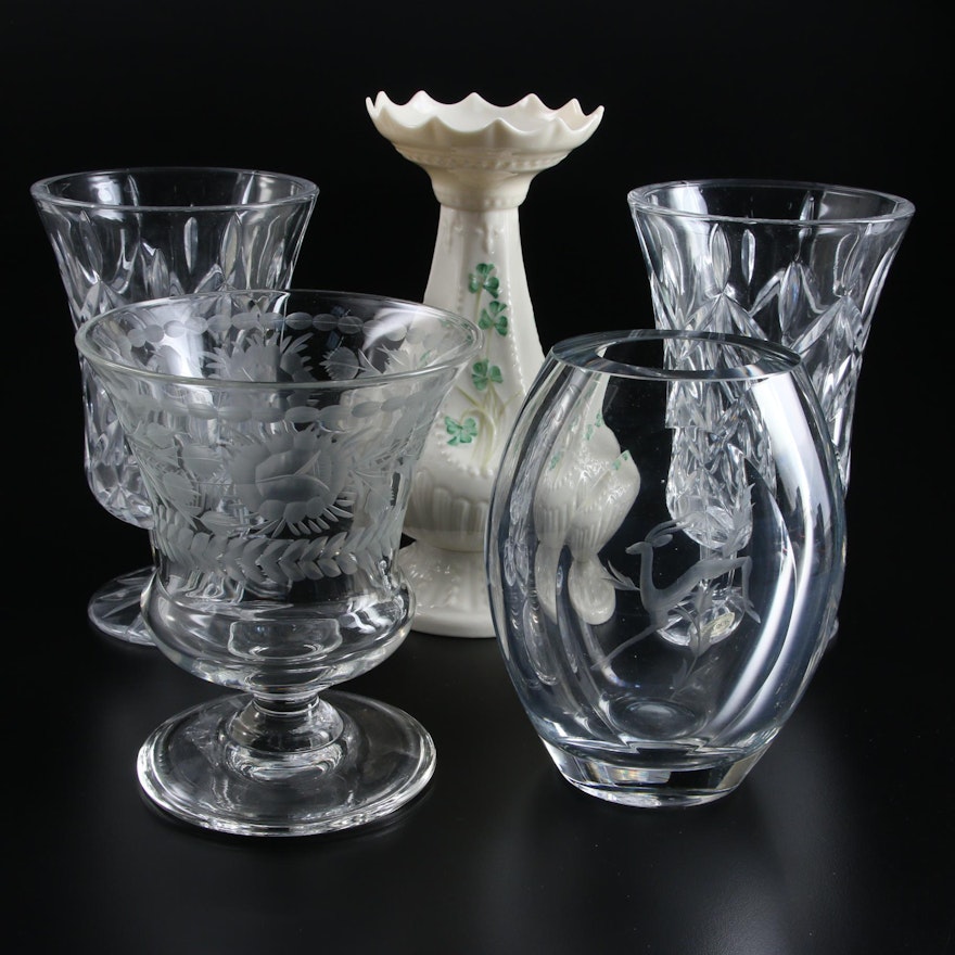 Belleek "Shamrock" Island Vase and Other Crystal and Etched Glass Vases