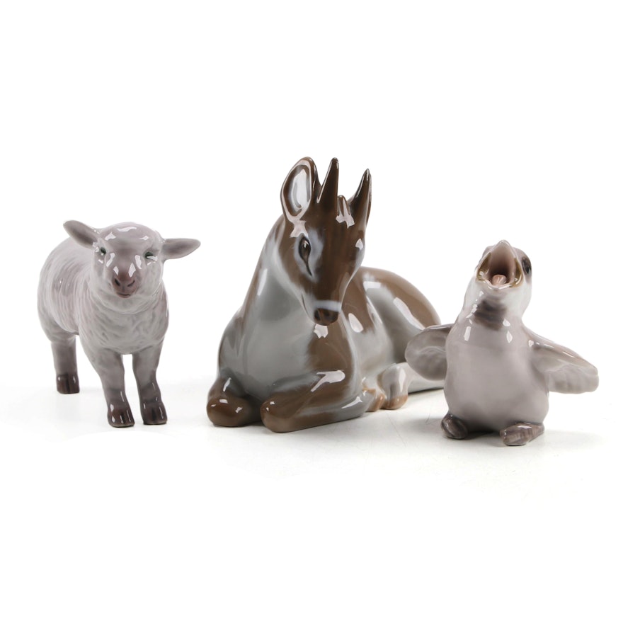 Royal Copenhagen and Bing & Grøndahl Porcelain Deer, Lamb and Sparrow Figurines