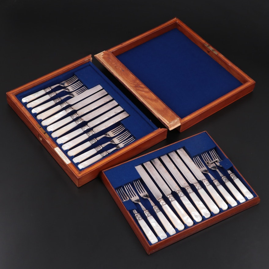 Sheffield Mother-of-Pearl and Sterling Silver Handled Flatware Set in Case