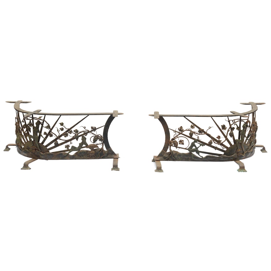 Pair of Art Deco Iron and Bronze Enchanted Garden Fireside Fender Benches