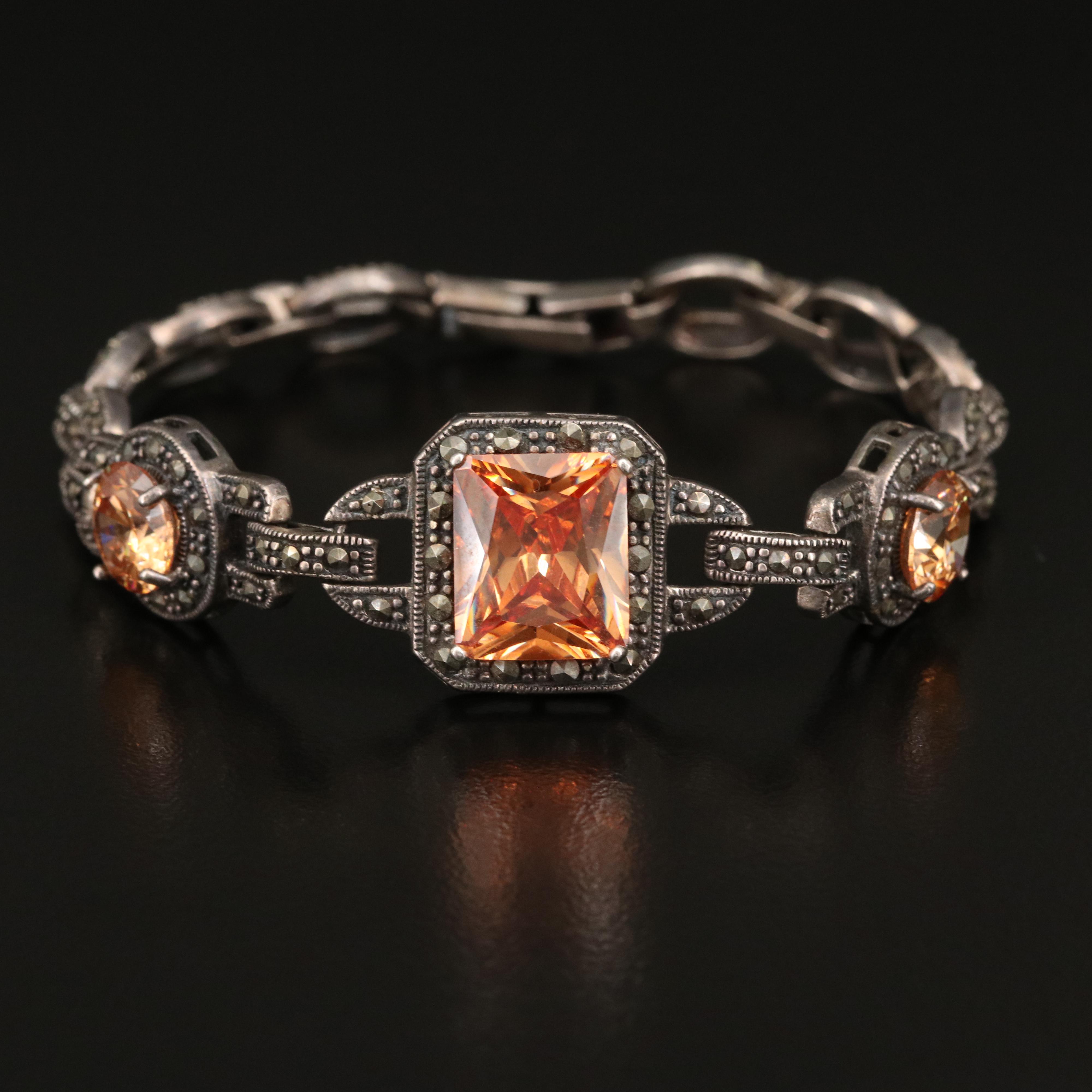 Art Deco Inspired Sterling, Marcasite and Cubic Zirconia Bracelet