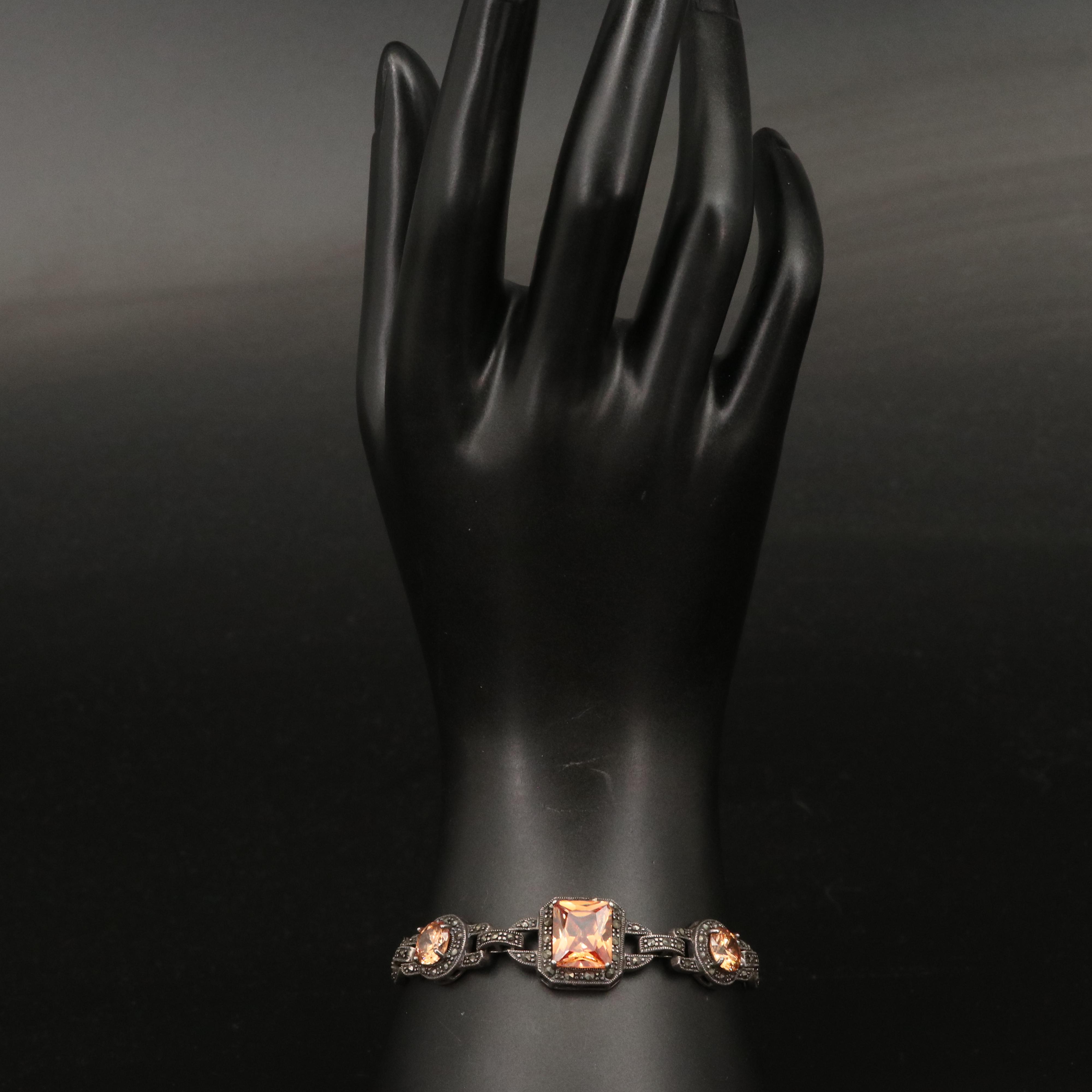 Art Deco Inspired Sterling, Marcasite and Cubic Zirconia Bracelet