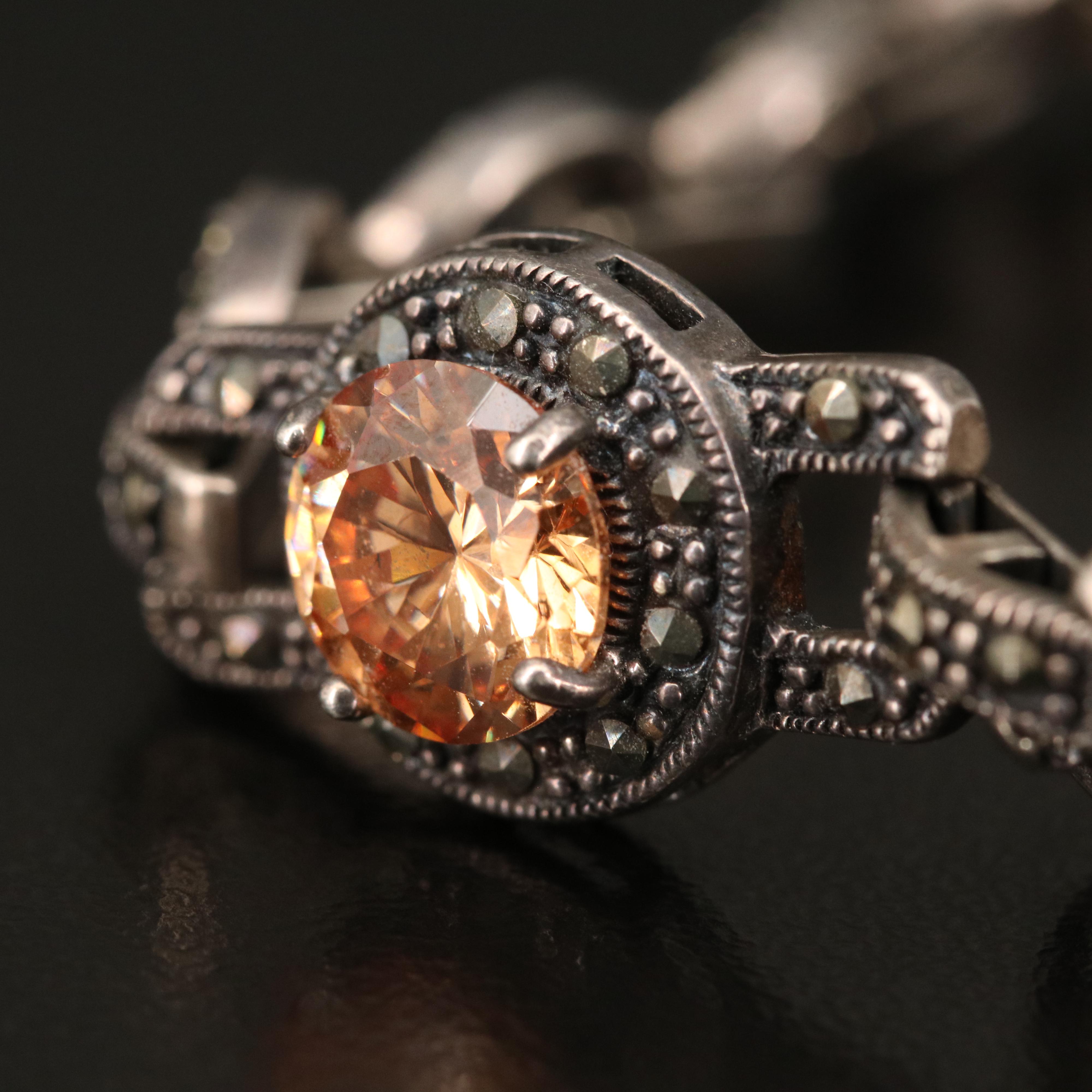 Art Deco Inspired Sterling, Marcasite and Cubic Zirconia Bracelet