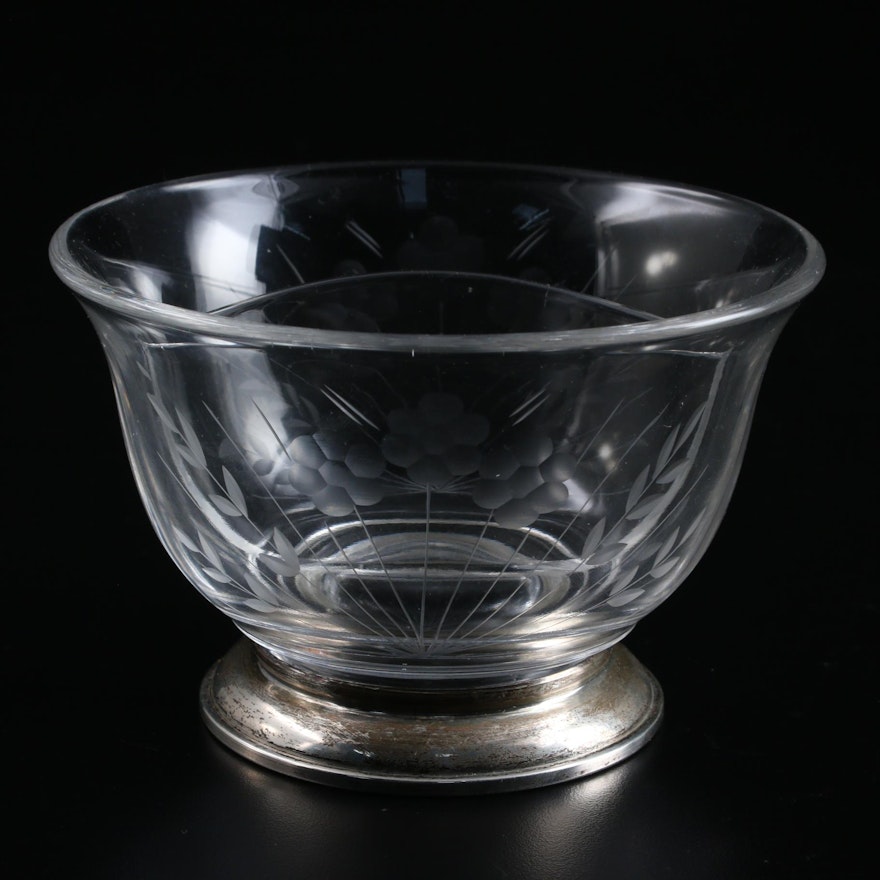Etched Glass Sterling Silver Footed Divided Condiment Bowl , Mid-20th Century
