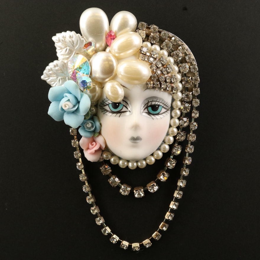 Art Deco Inspired Feminine Visage Rhinestone Brooch