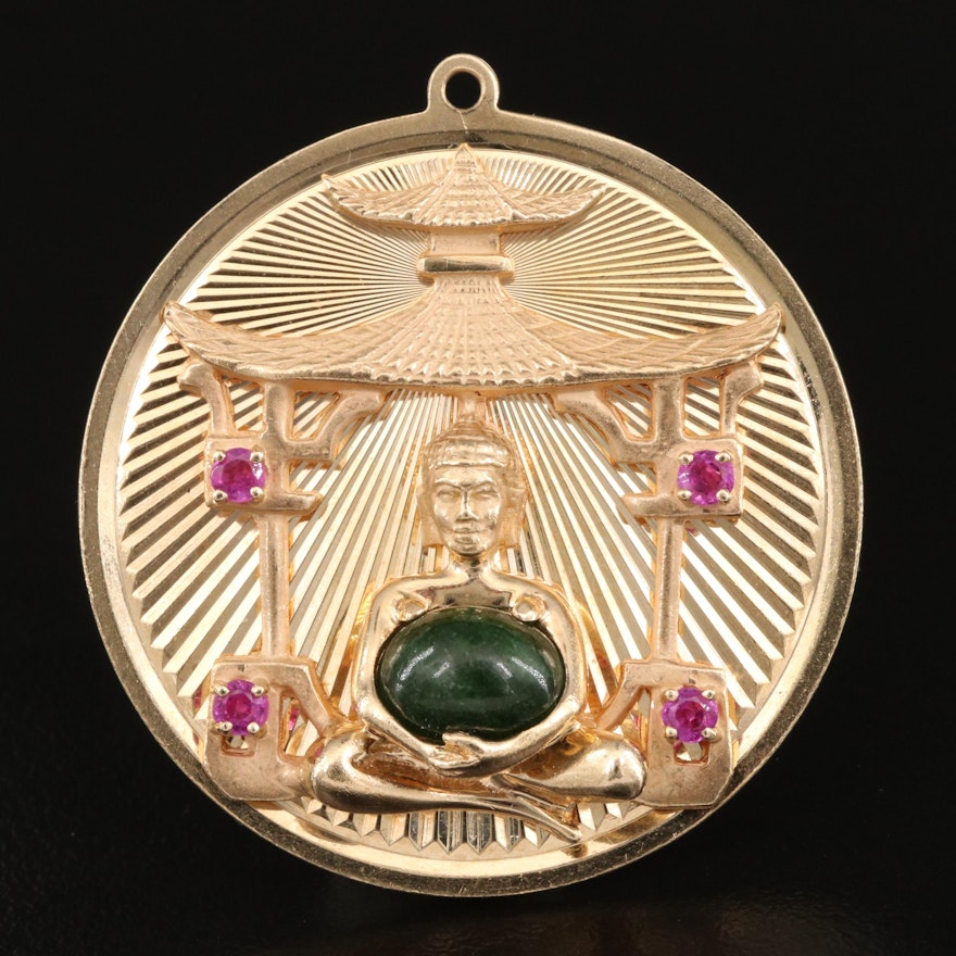 Vintage 14K Beryl and Ruby Sitting Buddha Pendant