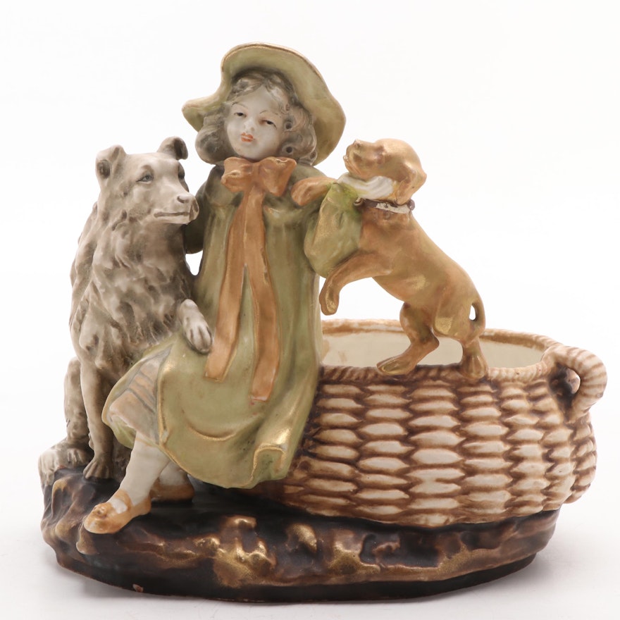 Amphora Figural Group of a Young Lady and Dogs with Basket, Early 20th Century