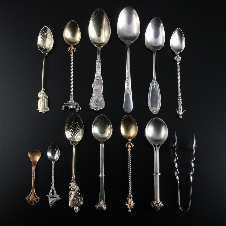 Mechanics Silver Co. Souvenir and Other Spoons and Sterling Sugar Tong