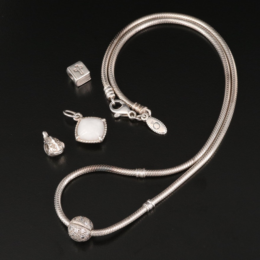 Pandora Sterling Necklace and Charms with Quartzite and Cubic Zirconia