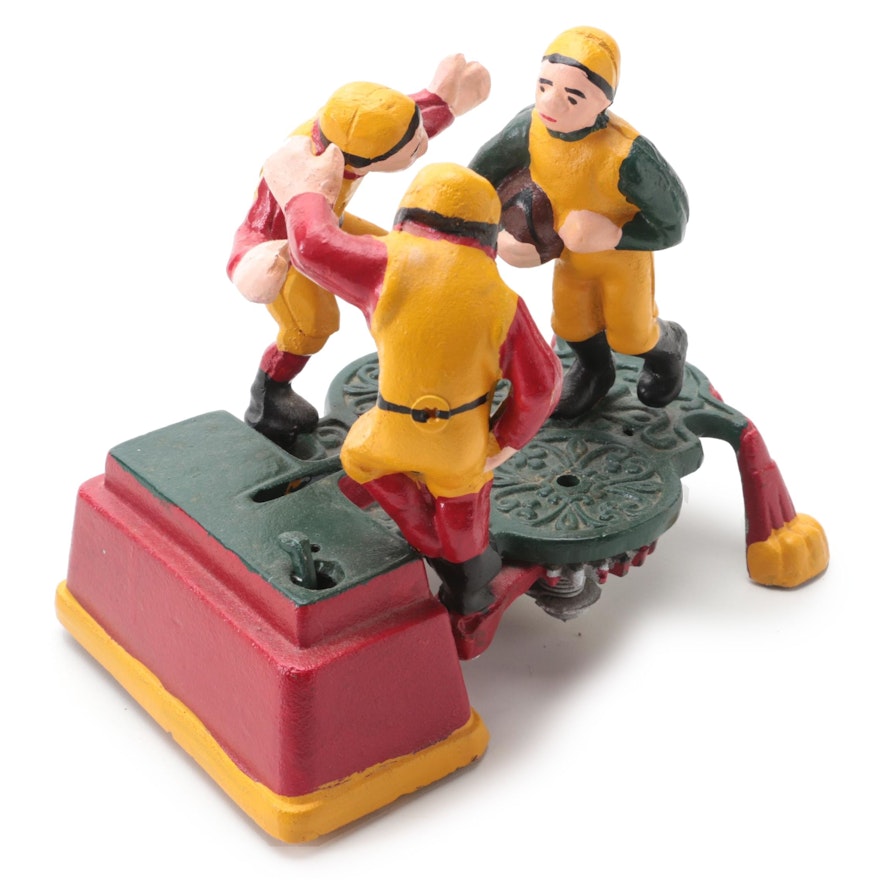 Reproduction Football "Three Players" Cast Iron Mechanical Bank