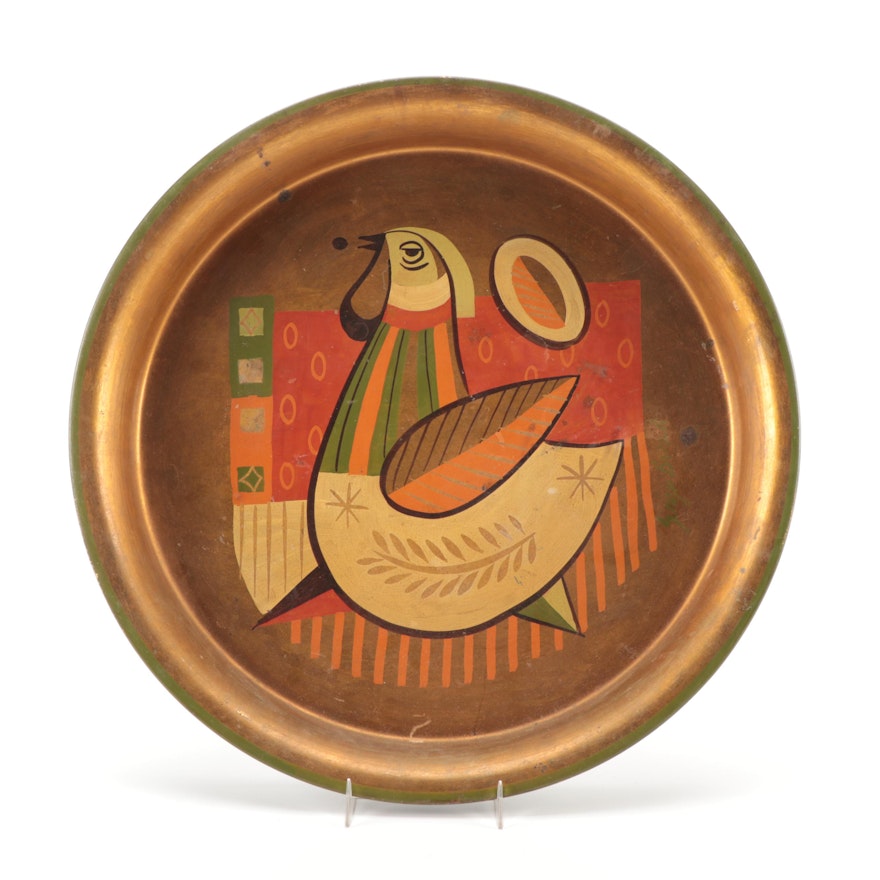 Georges Briard Hand-Painted Rooster Themed Metal Serving Tray, Mid-20th Century