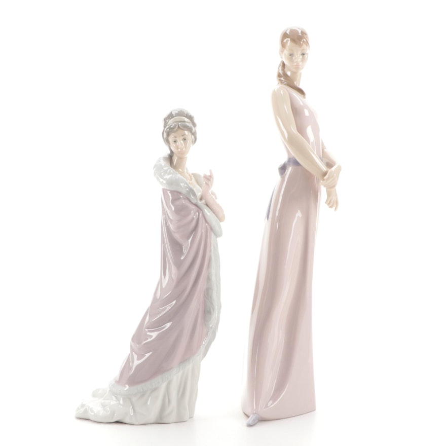 Lladró  "Lady Of The Rose" and Lady with Parasol Porcelain Figurines