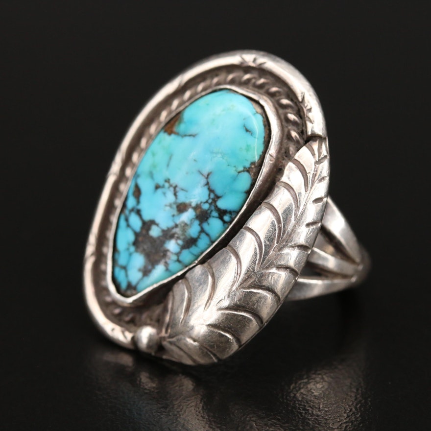 Southwestern Sterling Turquoise Ring with Feather Accent