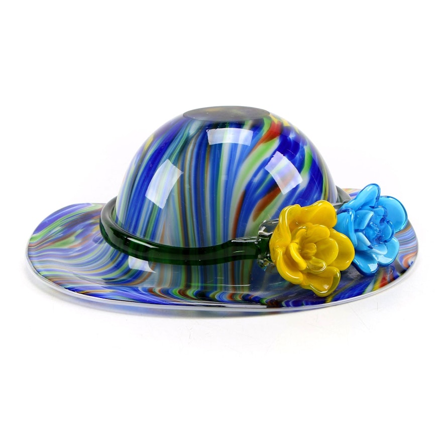 Murano Style Inverted Ladies Hat with Applied Flowers Art Glass Bowl