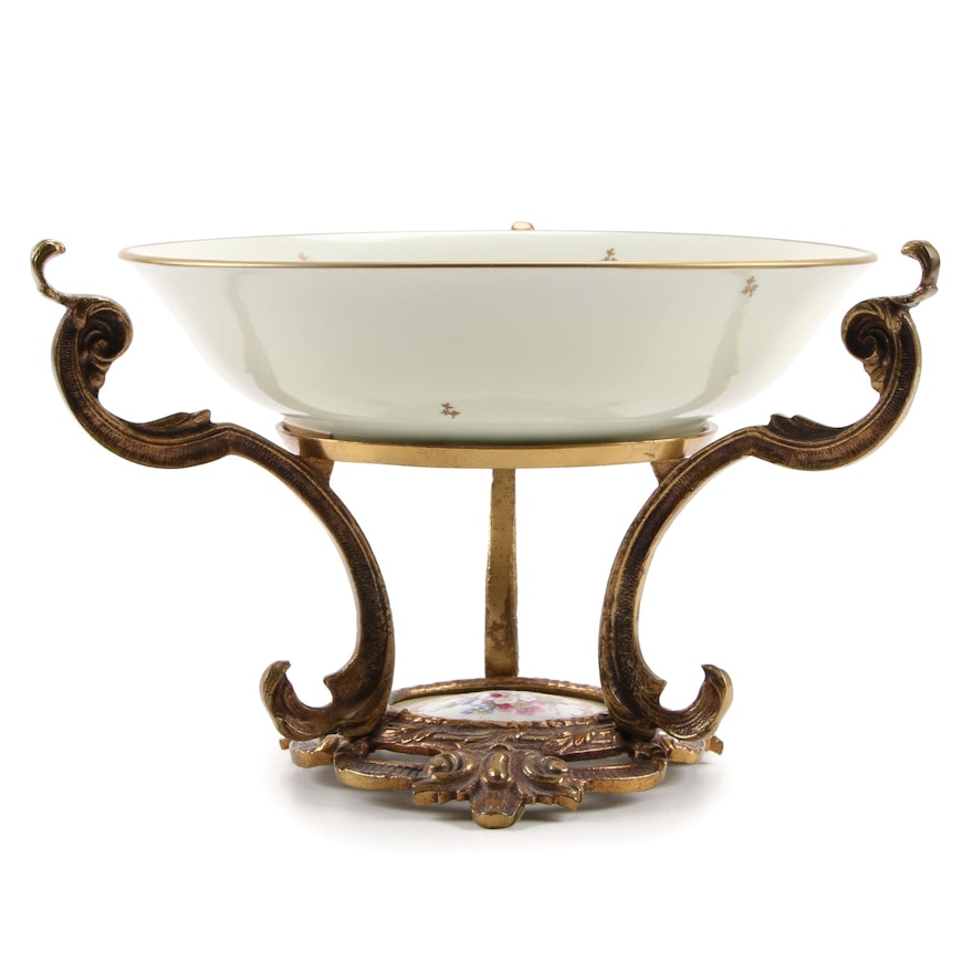 French Porcelain Bowl in Gilt Bronze Stand, Mid-20th Century