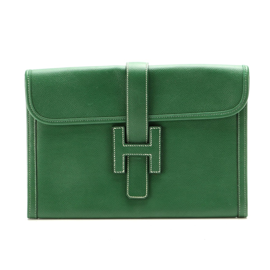 Hermès Jige PM Clutch in Bamboo Green Clemence Leather