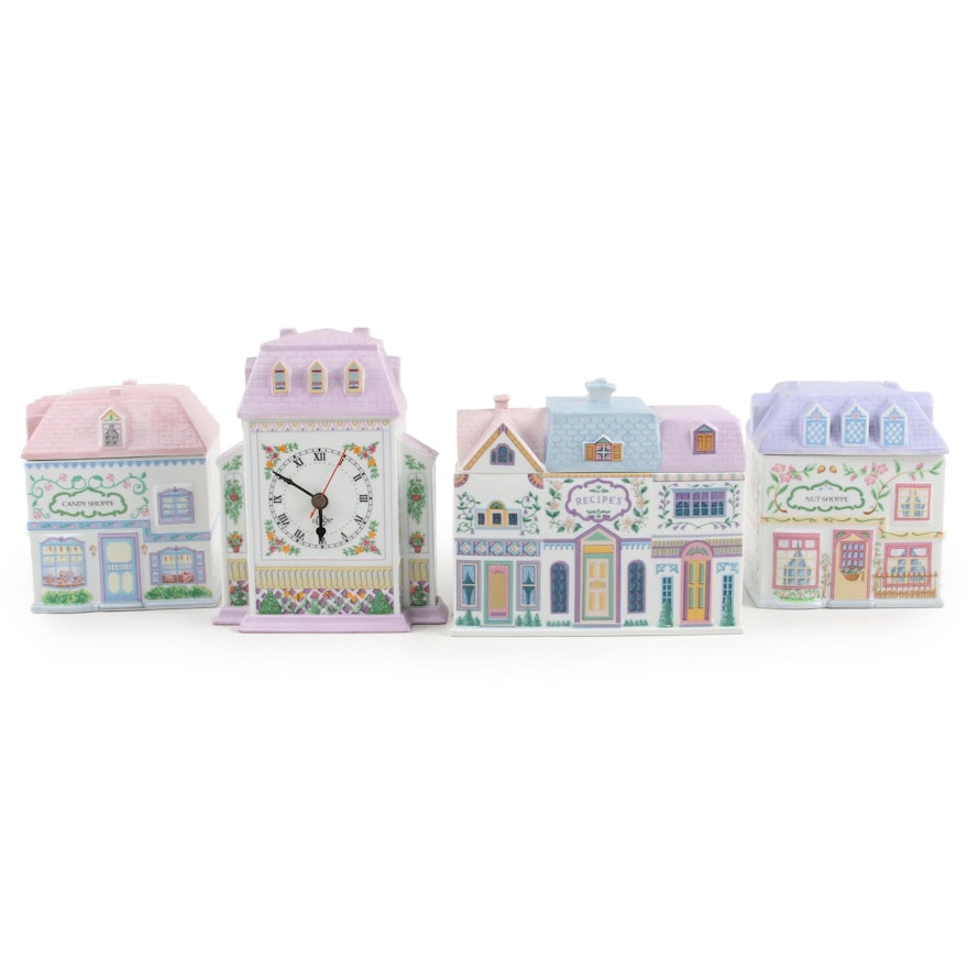 Lenox Village Porcelain Nut and Candy Shoppe Canisters with Clock and Recipe Box