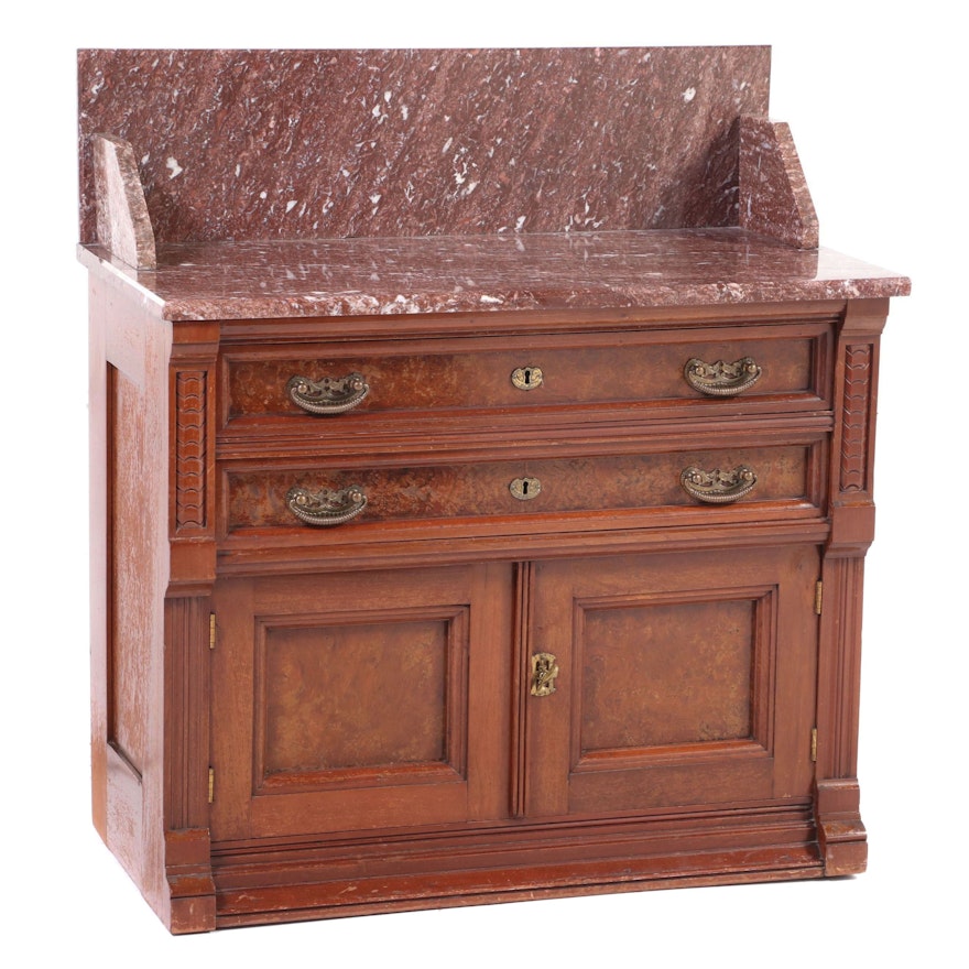 Victorian Walnut, Burl Walnut, and Rouge Marble Washstand, Late 19th Century