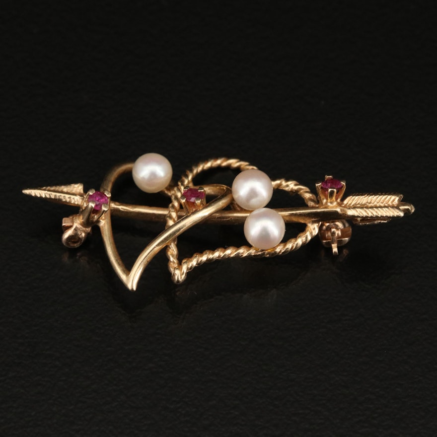 Vintage 14K Ruby and Pearl Hearts with Arrow Brooch