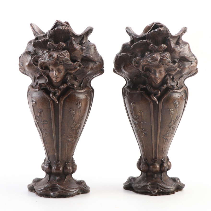 Pair of Bronze Art Nouveau Style Vases, Early 20th Century