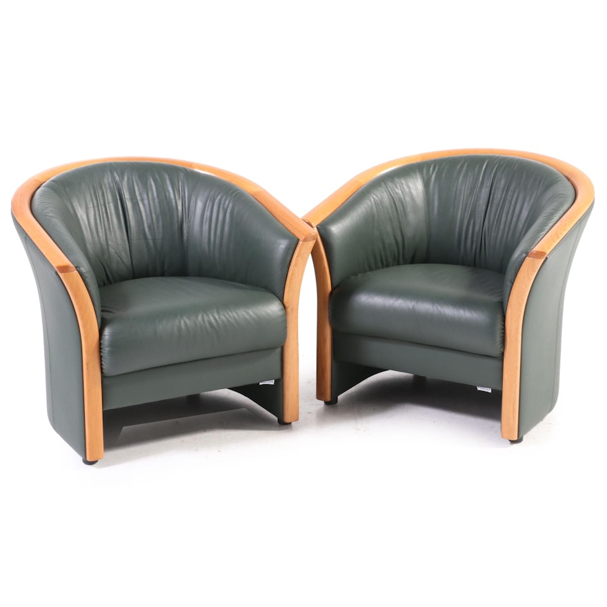 Pair of Ekornes Green Leather and Teak Tub Chairs, Late 20th Century