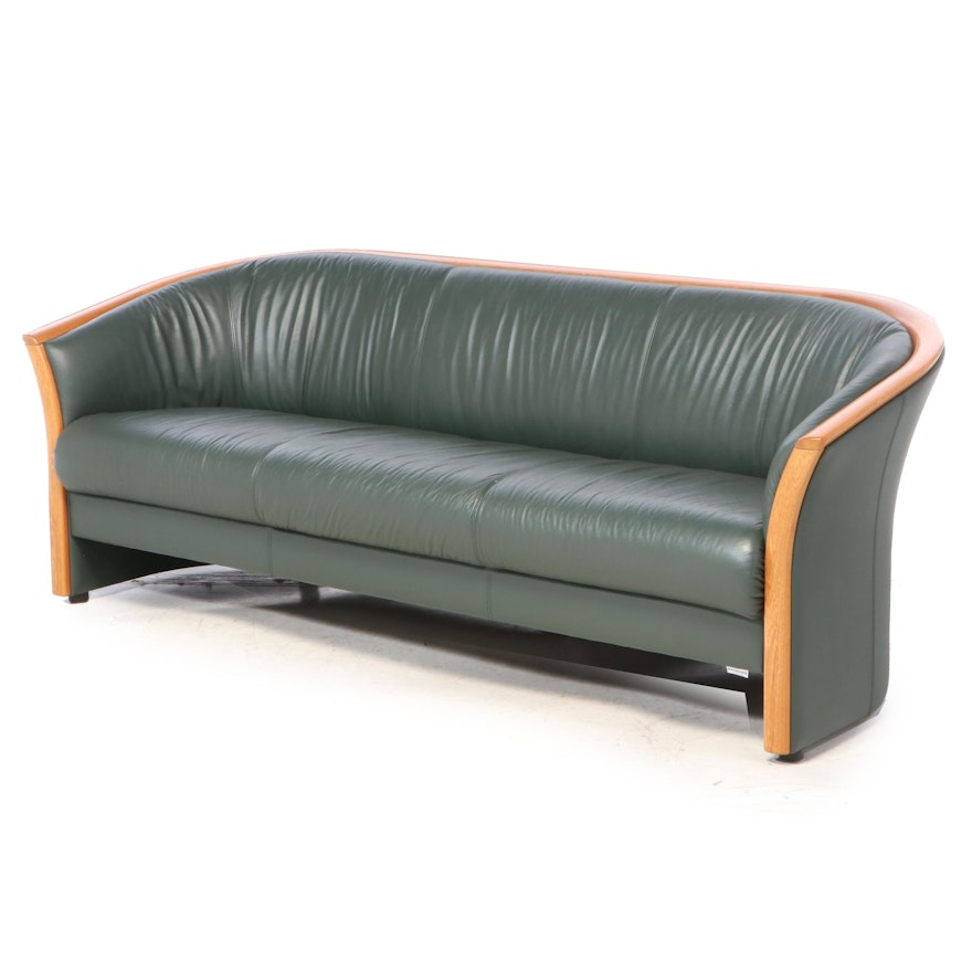 Ekornes Green Leather and Teak Sofa, Late 20th Century