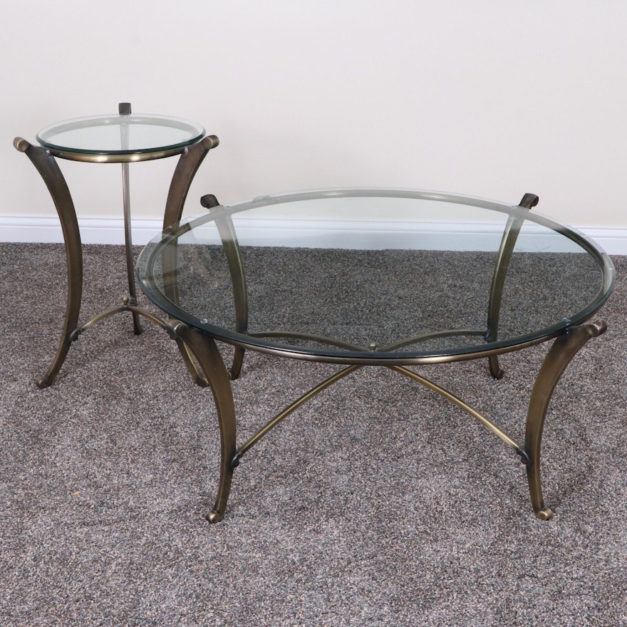 Antiqued Brass Glass Top Cocktail Table and Side Table