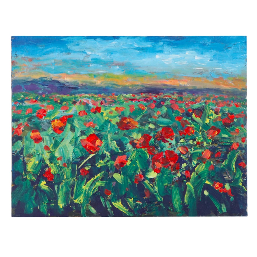 Leira Veylin Landscape Acrylic Painting "Poppies 2," 21st Century