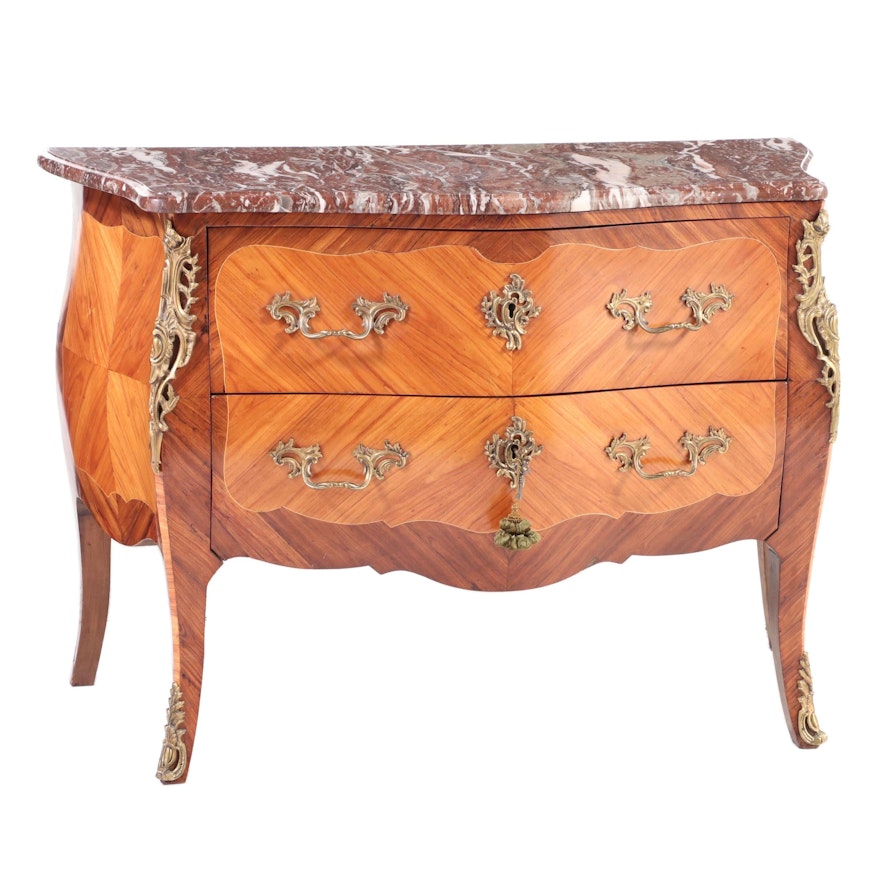 Louis XV Style Gilt Metal-Mounted Kingwood and Variegated Marble Bombé Commode