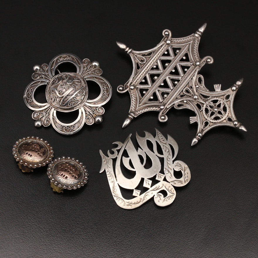 Vintage Middle Eastern Brooches and Earrings with Sterling and 900 Silver