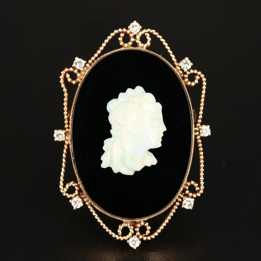 14K Opal, Black Onyx and Diamond Cameo Converter Brooch