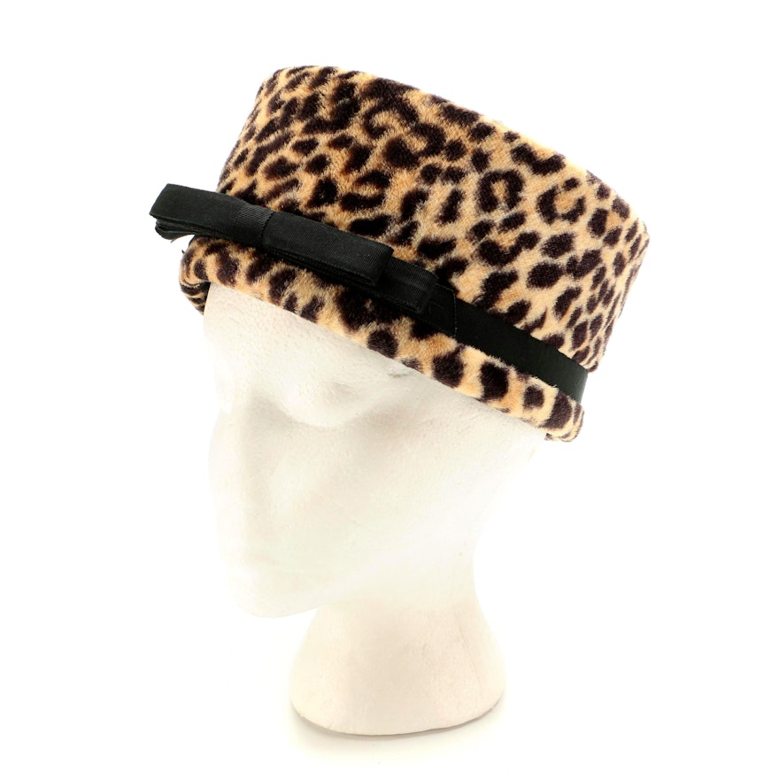 Gage Hat Shop Leopard Printed Faux Fur Pillbox Hat with Black Grosgrain Flat Bow