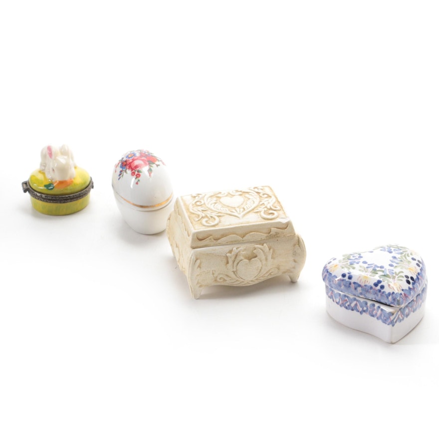 Portuguese Faïence Heart Shaped Box with Other Porcelain and Ceramic Boxes